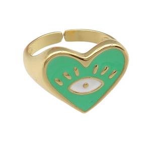 copper Ring with green enamel heart, gold plated, approx 14-16mm, 17mm dia