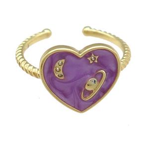 copper Ring with purple enamel heart, planet, gold plated, approx 14mm, 18mm dia