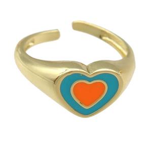 copper Ring with orange enamel heart, gold plated, approx 9-11mm, 18mm dia