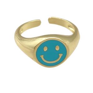 copper Ring with teal enamel emoji, gold plated, approx 11mm, 18mm dia