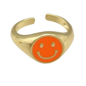 copper Ring with orange enamel emoji, gold plated, approx 11mm, 18mm dia