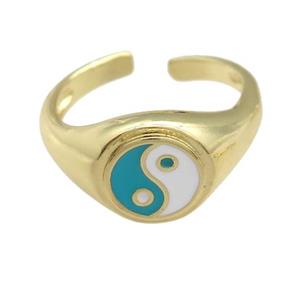 copper Ring with teal enamel taichi, gold plated, approx 10mm, 18mm dia