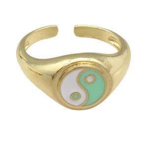 copper Ring with green enamel taichi, gold plated, approx 10mm, 18mm dia