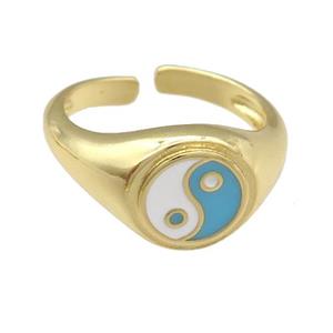 copper Ring with lt.blue enamel taichi, gold plated, approx 10mm, 18mm dia