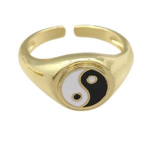 copper Ring with black enamel taichi, yinyang, gold plated, approx 10mm, 18mm dia