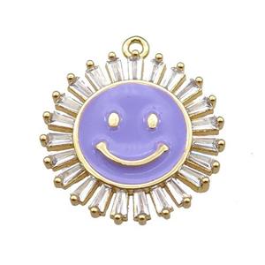 copper Emoji pendant paved zircon with lavender enamel, gold plated, approx 20mm dia