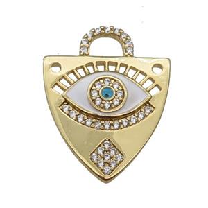 copper shield pendant paved zircon with white enamel Eye, gold plated, approx 17-22mm