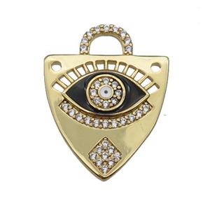 copper shield pendant paved zircon with black enamel Eye, gold plated, approx 17-22mm