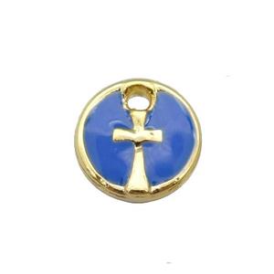 copper cross pendant with blue enamel, circle, gold plated, approx 10mm dia