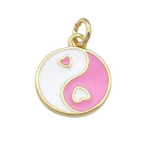 copper Taichi pendant, yinyang, pink enamel, gold plated, approx 12mm dia