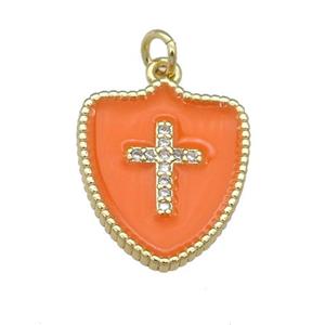 copper Shield Cross pendant paved zircon with orange enamel, gold plated, approx 15-18mm