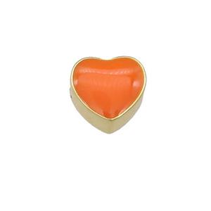copper Heart beads with orange enamel, gold plated, approx 9mm