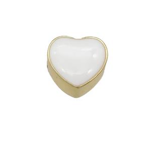 copper Heart beads with white enamel, gold plated, approx 9mm