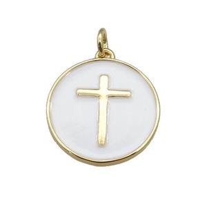copper Circle pendant with white enamel, cross, gold plated, approx 18mm