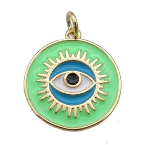 copper Circle pendant with green enamel, evil eye, gold plated, approx 18mm