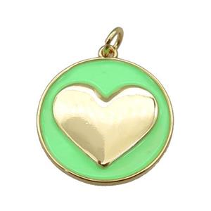 copper Circle pendant with green enamel, heart, gold plated, approx 20mm