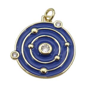 copper circle pendant with blue enamel, planet, gold plated, approx 20mm