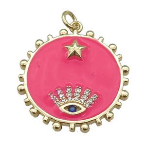 copper circle pendant with hotpink enamel, eye, gold plated, approx 25mm