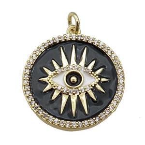 copper circle pendant paved zircon with black enamel, eye, gold plated, approx 21mm