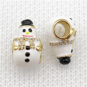 copper Christmas Snowman beads with white enamel, large hole, gold plated, approx 9-14mm, 4mm hole