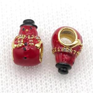 copper Christmas Snowman beads with red enamel, large hole, gold plated, approx 9-14mm, 4mm hole