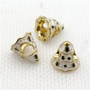 copper Christmas Tree beads with white enamel, large hole, gold plated, approx 11mm, 4mm hole