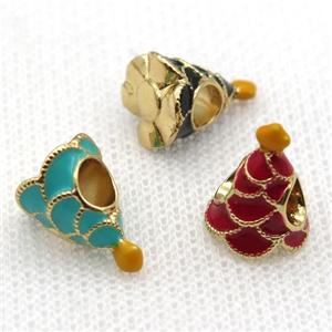 copper Christmas Tree beads with enamel, large hole, gold plated, mixed, approx 10-13mm, 4mm hole