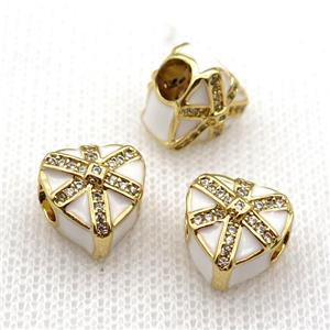 copper Christmas Heart Gift beads with white enamel, large hole, gold plated, approx 11mm, 4mm hole