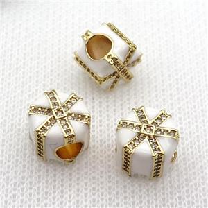 copper Christmas Candy Gift Box beads with white enamel, large hole, gold plated, approx 10mm, 4mm hole