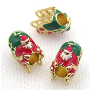 copper Christmas Claus beads with red enamel, large hole, gold plated, approx 9-12-13mm, 5mm hole