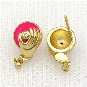 copper hand Stud Earring with hotpink enamel, gold plated, approx 8-13mm
