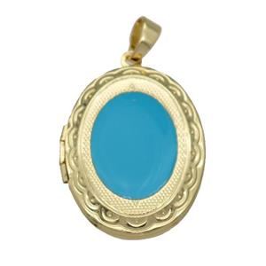 copper Oval Locket pendant with teal enamel, gold plated, approx 23-30mm