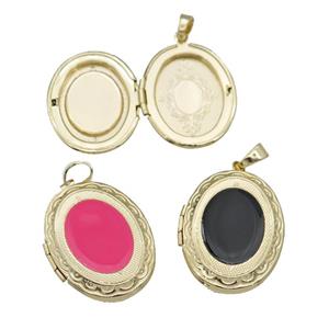 copper Oval Locket pendant with enamel, gold plated, mixed, approx 23-30mm