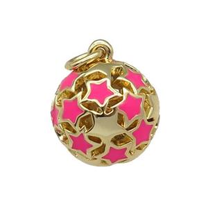 copper Ball pendant with hotpink enamel star, hollow, gold plated, approx 13mm dia