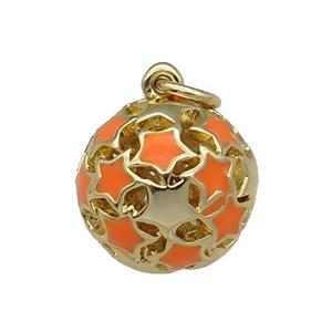 copper Ball pendant with orange enamel star, hollow, gold plated, approx 13mm dia
