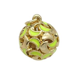 copper Ball pendant with yellow enamel moon, hollow, gold plated, approx 13mm dia