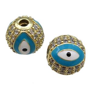 round copper Beads paved zircon with teal enamel Evil Eye, gold plated, approx 8mm dia
