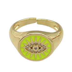copper Rings with yellow enamel Evil Eye, gold plated, approx 12-13mm, 18mm dia