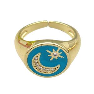 copper Rings paved zircon with teal enamel, moonstar, gold plated, approx 12-13mm, 18mm dia