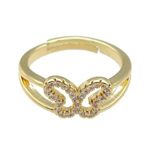 copper Rings paved zircon, butterfly, adjustable, gold plated, approx 8-12mm, 18mm dia