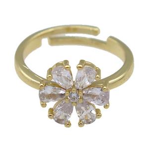 copper Rings paved zircon, flower, gold plated, approx 12mm, 18mm dia