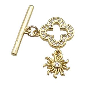 copper Toggle Clasp paved zircon, clover, gold plated, approx 9mm, 12mm, 20mm