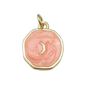 copper circle pendant with peach enamel, moon, gold plated, approx 14-15mm
