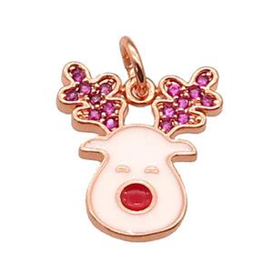 copper Christmas Reindeer Charms pendant paved zircon with white enamel, rose gold, approx 13-15mm