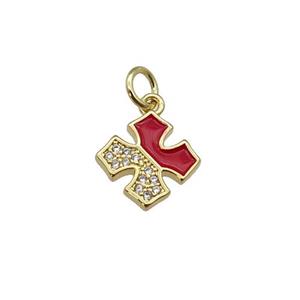 copper cross pendant paved zircon with red enamel, gold plated, approx 10mm