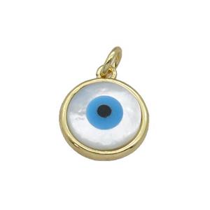 copper circle pendant with Pearlized Shell Evil Eye, gold plated, approx 12mm dia