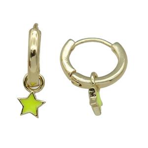 copper Hoop Earring with yellow enamel star, gold plated, approx 5.5mm, 13mm dia