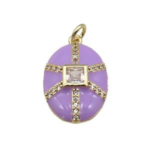 copper oval pendant paved zircon, purple enamel, gold plated, approx 14-19mm