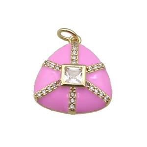 copper triangle pendant paved zircon, pink enamel, gold plated, approx 17.5mm
