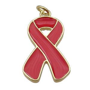 red enamel Awareness Ribbon, copper pendant, gold plated, approx 15-23mm